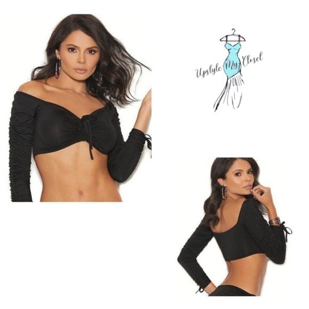 Elegant Moments long ruched tie sleeve sexy black crop top size XL